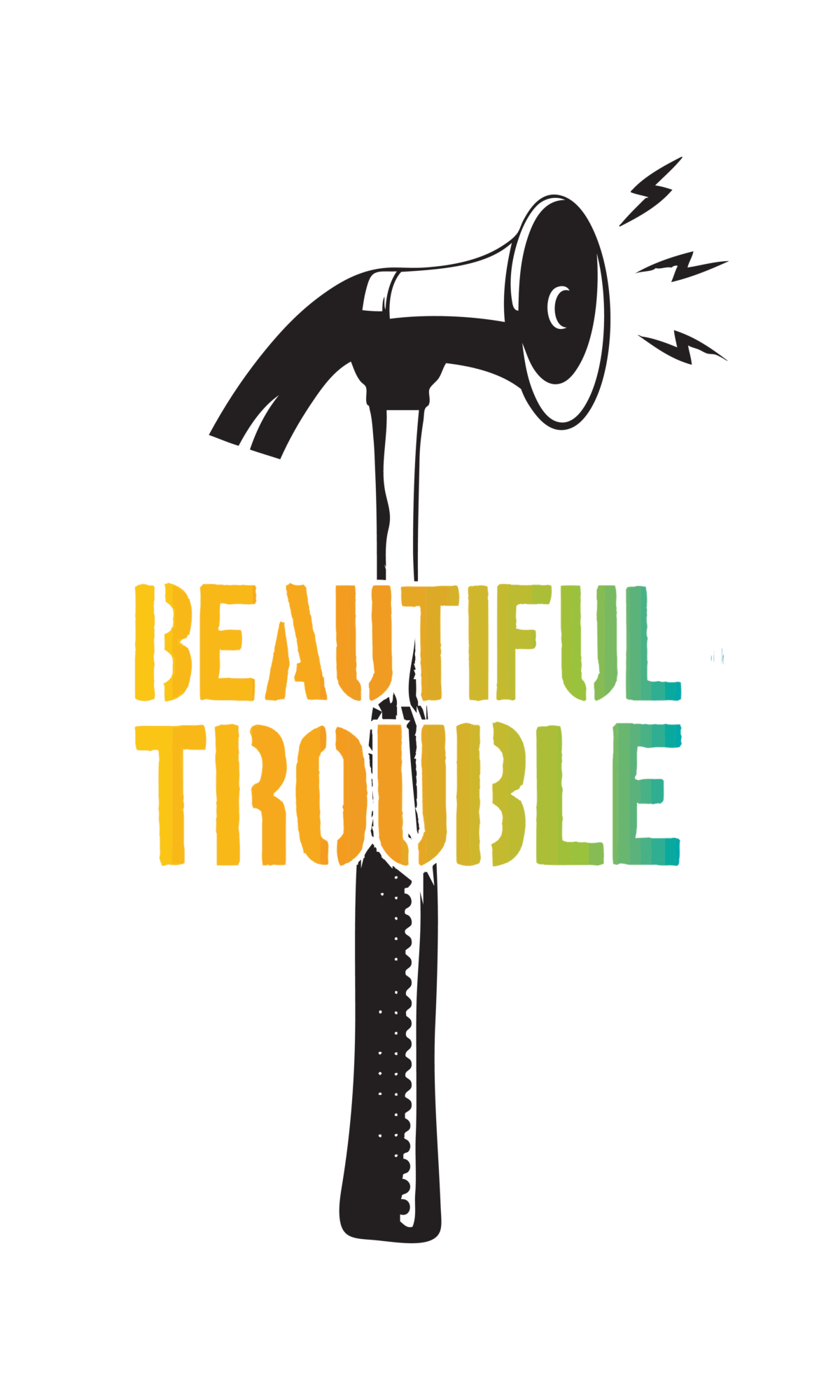 A graphic of a black hammer with the words “BEAUTIFUL TROUBLE” superimposed upon it in a gradient from yellow to blue.
