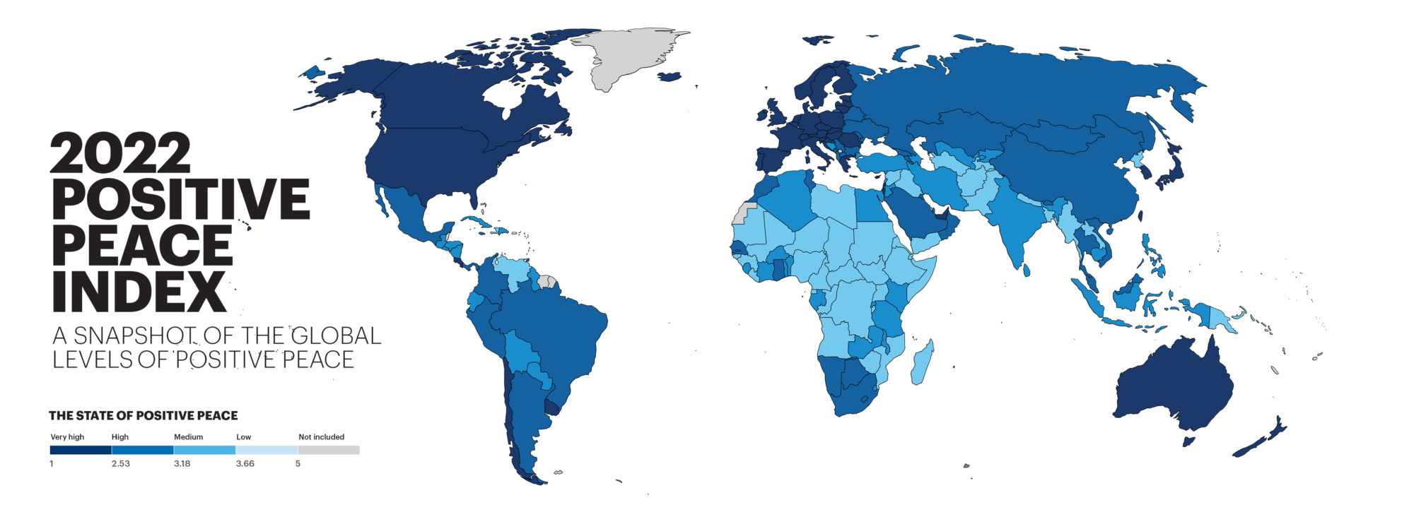 World map with countries in shades of blue on white background and map key of peace levels.