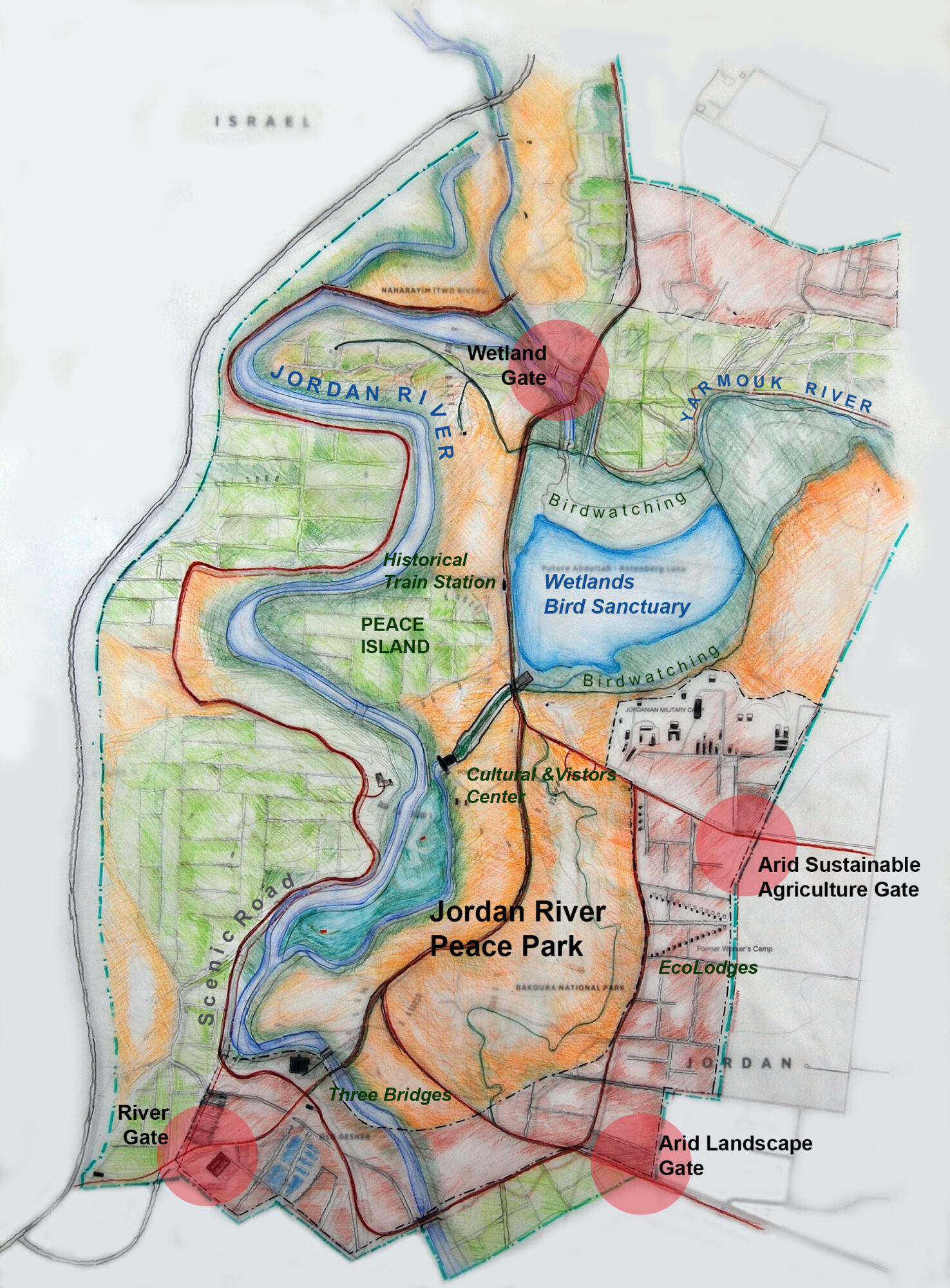 A sketch with green, orange, blue and red sections highlighting different parts of the landscape across the border between Jordan and Israel.
