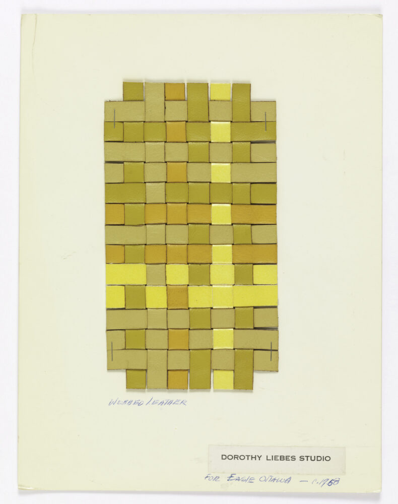 varying shades of yellow leather woven into a sample and mounted onto a white board