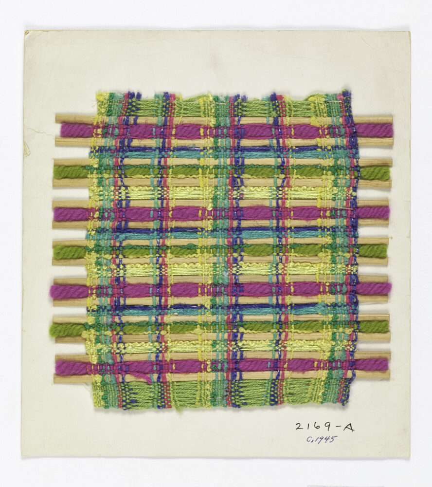 window blind sample of yellow and magenta rods with blue and green threads