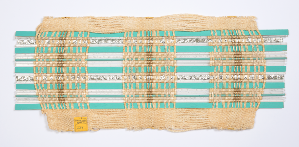 window blind sample comprised of aqua rods and woven together with gold and cream threads