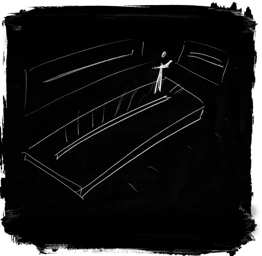 White line drawing, on a black background, of a person standing on a rectangular base surrounded by two other horizontal rectangles depicting 3D space.