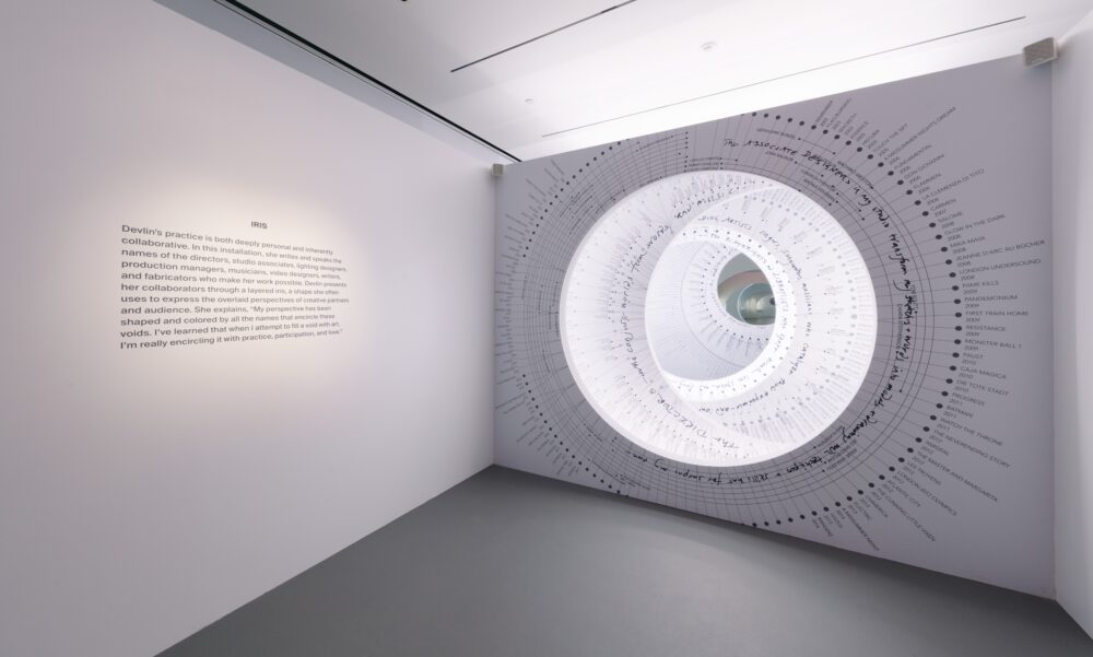 Installation view of two white walls: on the left wall is a paragraph of black text in uniform font and on the right wall is smaller text that surrounds a large circular cutout revealing layers of other walls behind it with similar cutouts placed off-center. Viewers in the space can look through this wall into another room.