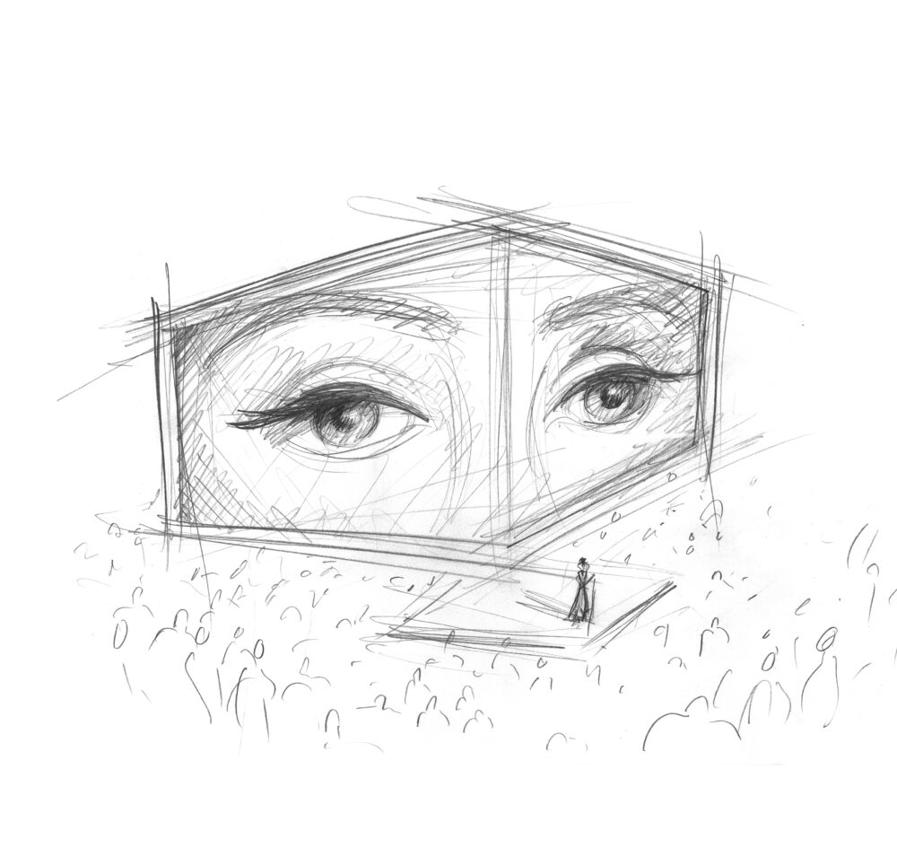 Drawing of a large rectangular prism with an image of two eyes positioned above a crowd of people and a single person on a stage.