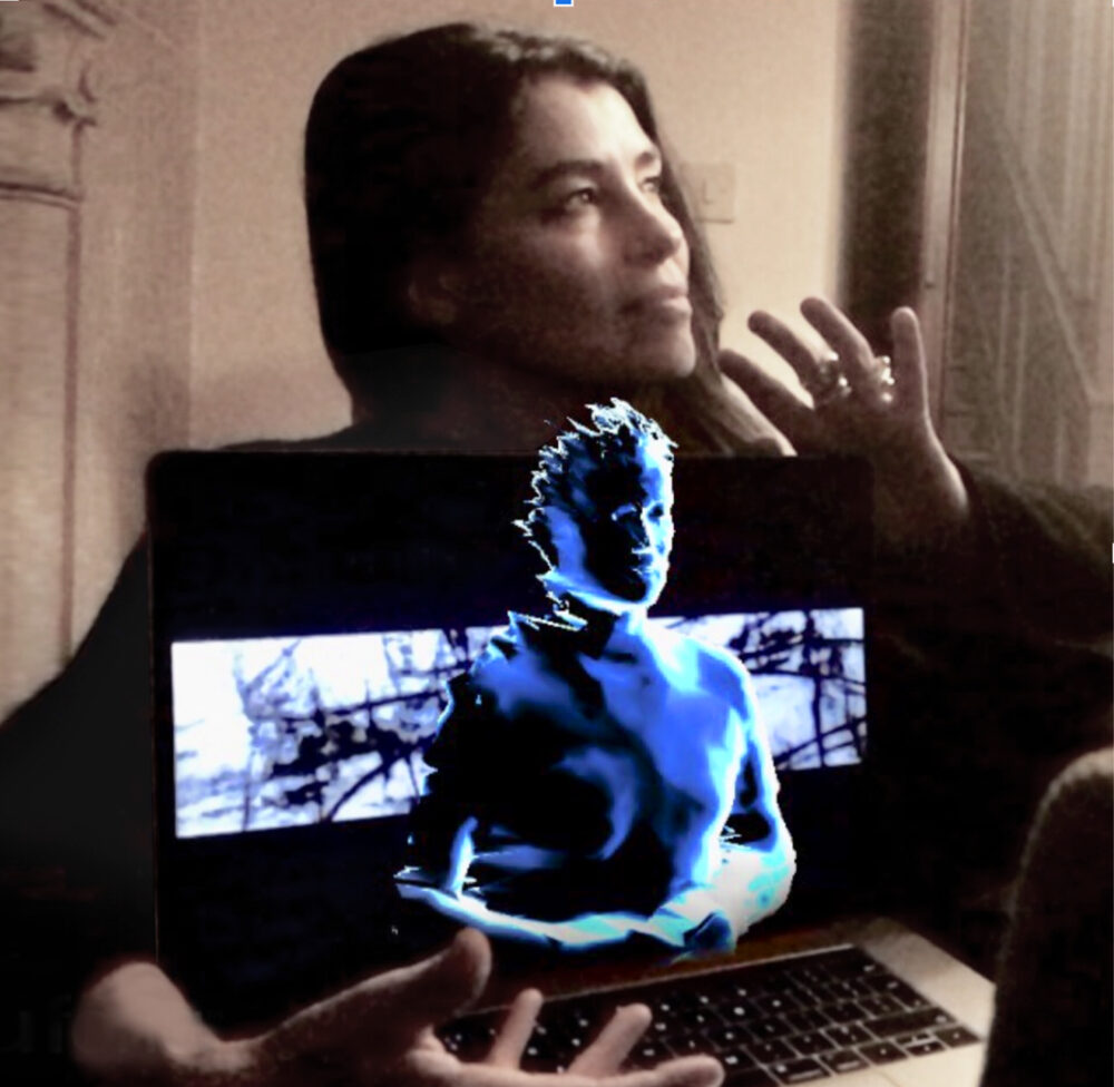Composite image of Es Devlin—a white woman with long dark hair—holding a laptop that faces the viewer while she looks to the right and gestures, with her hand, toward a blue digital rendition of a floating figure in the foreground.