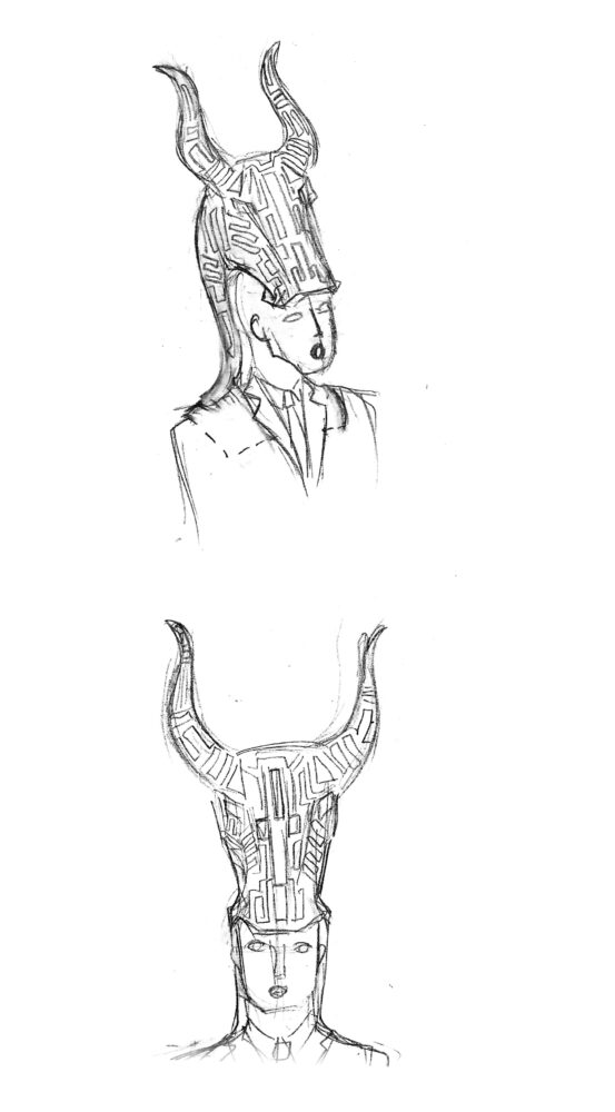 Drawing of a person from the shoulder up, wearing a detailed, animal-like headdress with horns; depicted in both three-quarter and straight-on views.