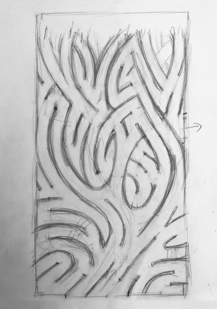 A drawing of winding and curved lines forming a maze-like design.