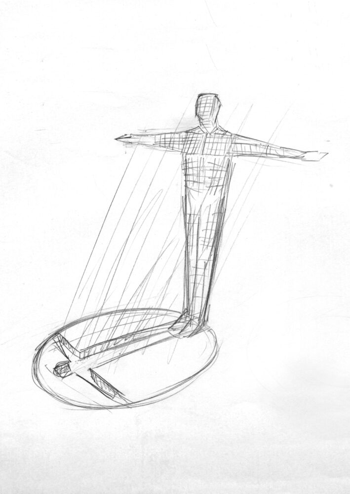 Drawing of a figure with fully extended arms standing on a circle base with its reflection.