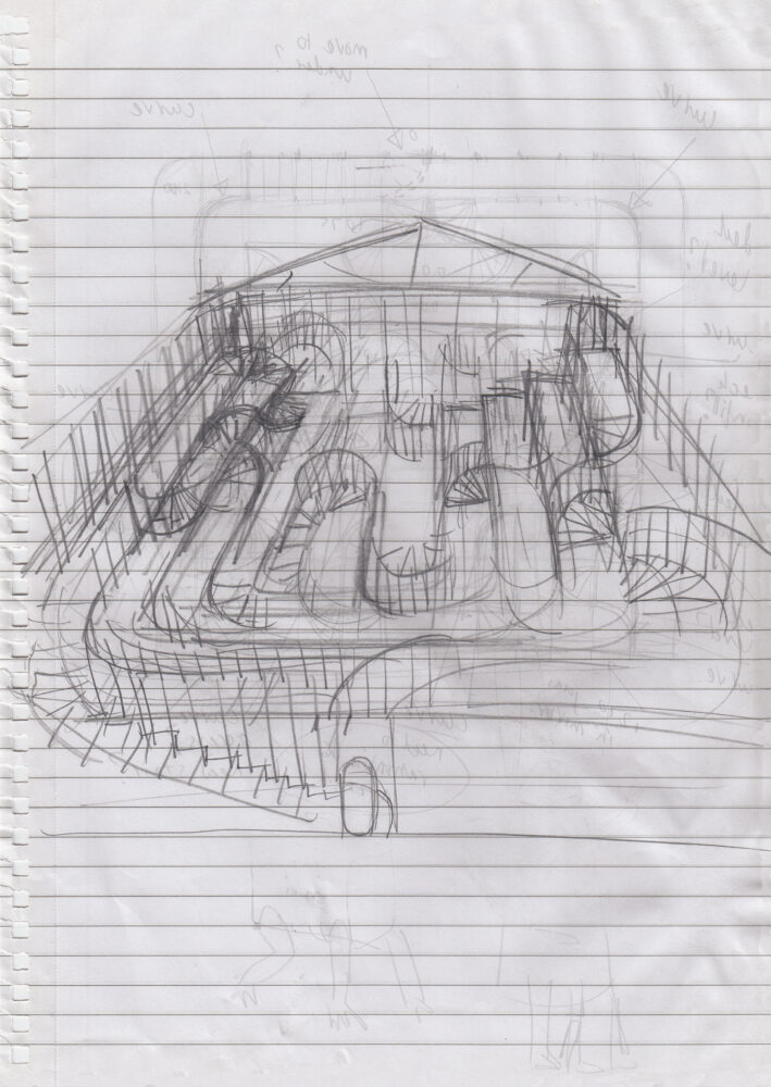 Drawing on lined paper of an architectural form with curved staircases winding and layered throughout.