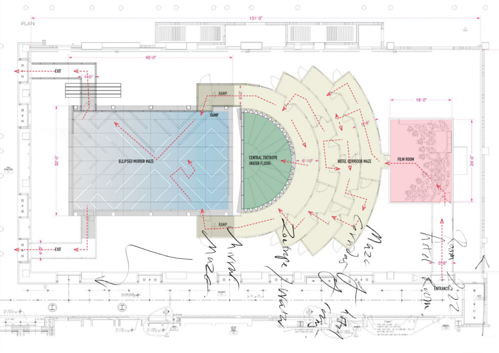 Detailed top-view diagram of a venue with labels and color-coded spaces. Notes are handwritten in black on top.