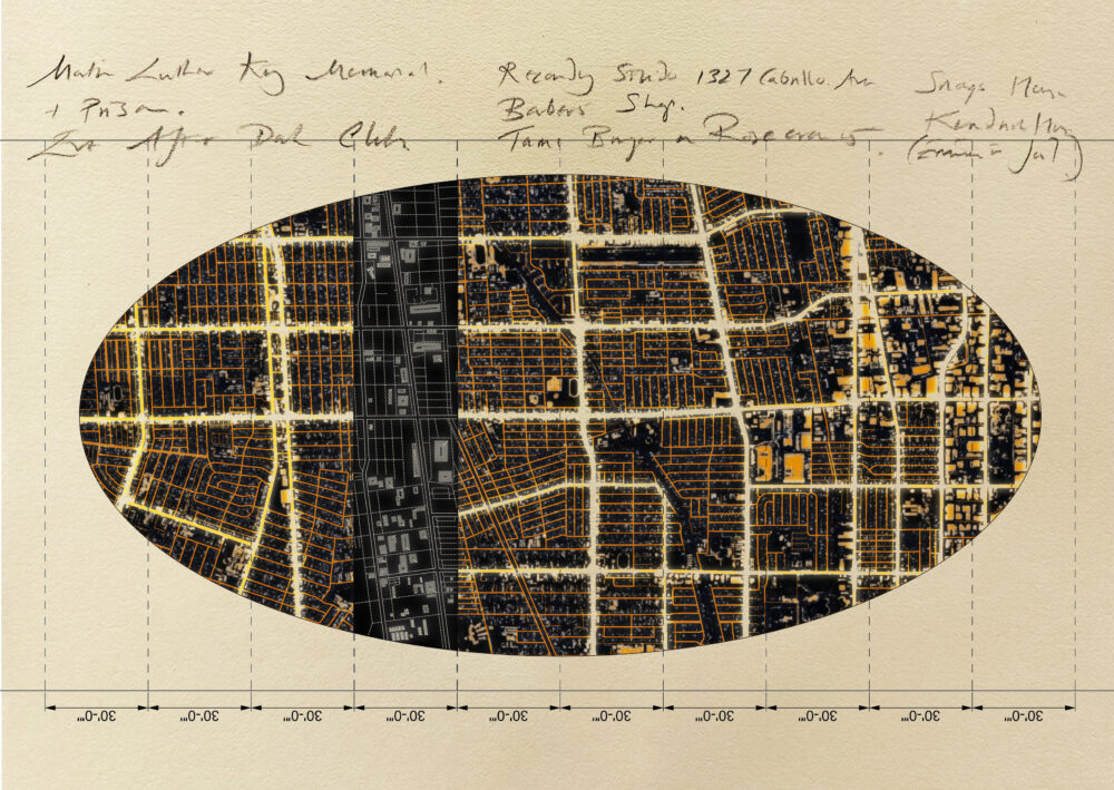 Drawing of an oval with a black, white, yellow, and orange design resembling city streets on a map. Several lines of text are handwritten above the oval.