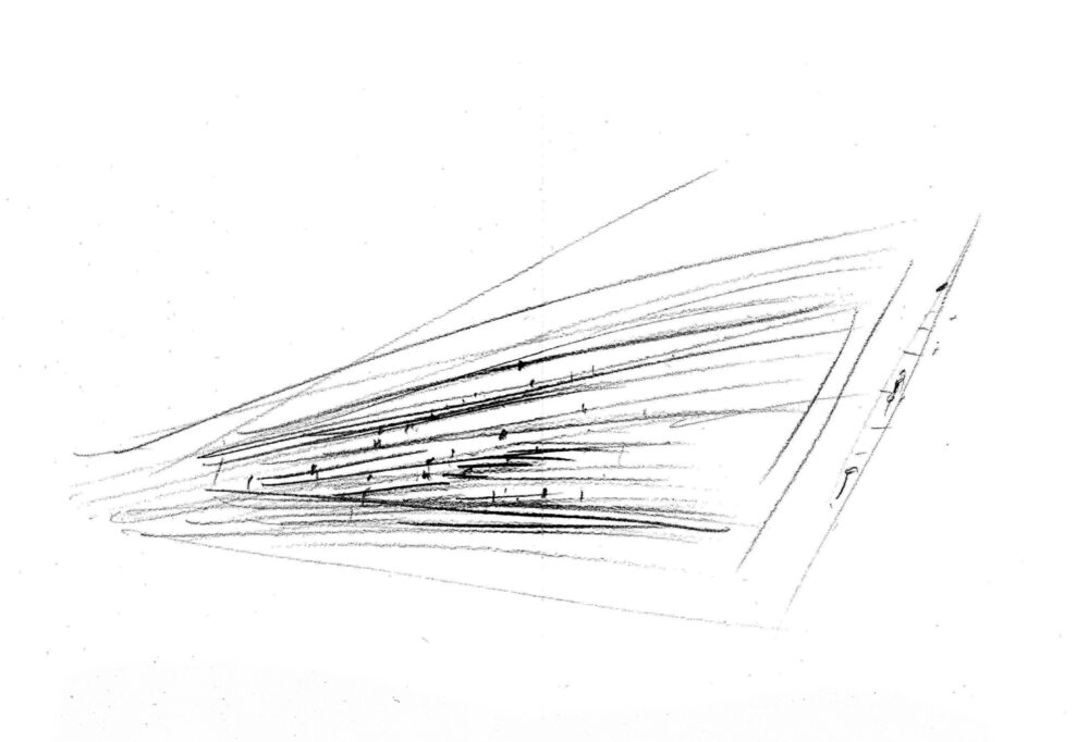 Expressive black-and-white line drawing with horizontal lines organized in a triangular form.