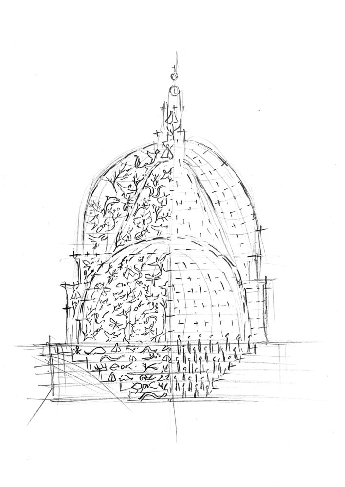 Drawing of a cross-section of a domed building with a spire; flat patterns fill each half. The left is filled with small plants and animals and the right is filled with simple dashes and lines.