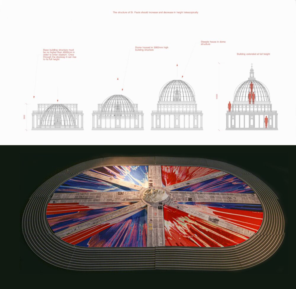 Diagram showing an architectural structure with a dome-like top mimicking St. Pauls' Cathedral. Four versions of the structure are shown one next to each other; the last one has several red figures inside for scale. Below the diagram is an oval form above a black background; the oval has a red, white, and blue geometric design.