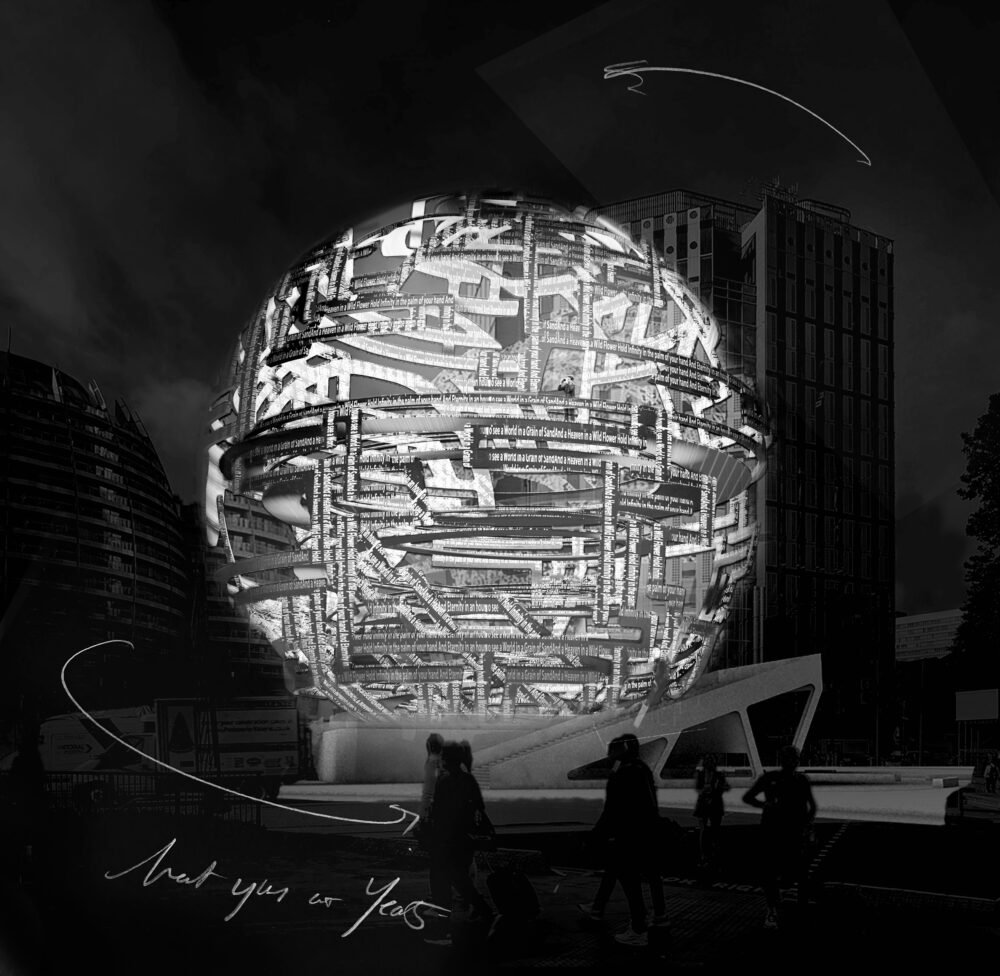 A glowing intricate sphere with many rectilinear structures inside glows against a dark background of city buildings. Some white handwritten text is in the foreground.
