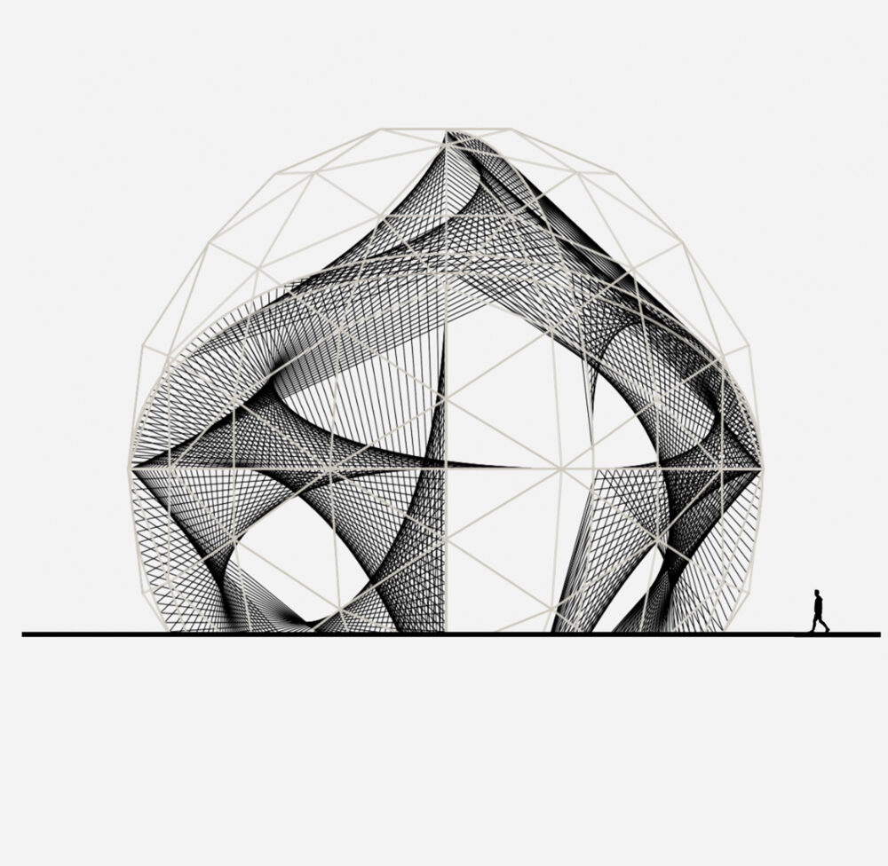 Black-and-white drawing of a complex geometric structure housed within a polygonal sphere, seen straight on; a much smaller figure stands next to it for scale.