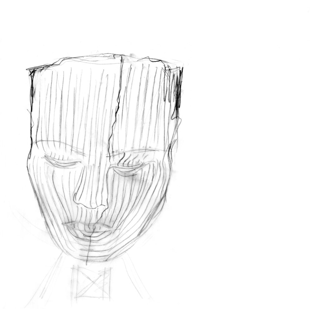 Contour drawing of a face, facing the viewer, with vertical lines throughout.