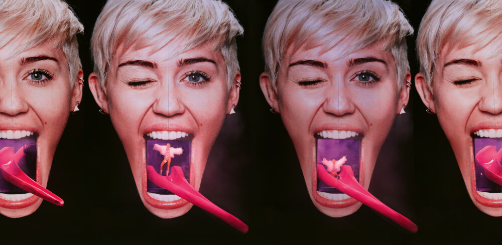 Four repeating images of singer Miley Cyrus's face, atop a black background, with her mouth open and extending tongue. The figure of Cyrus herself appears in the open mouths.