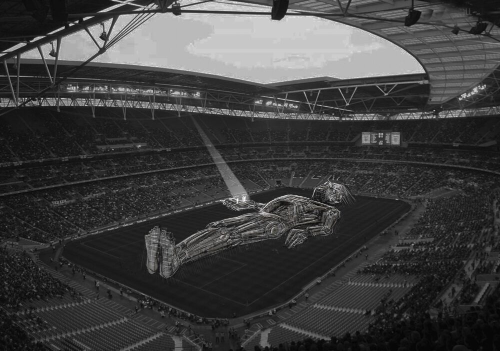 Black-and-white photograph of a crowded stadium with a digital rendition of a lying figure superimposed over the center.