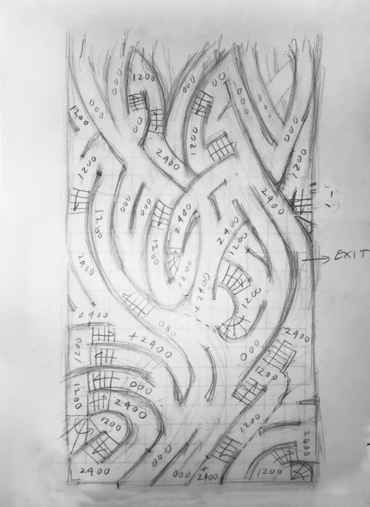 A drawing of winding and curved lines forming a maze-like design with numbers and annotating marks throughout.