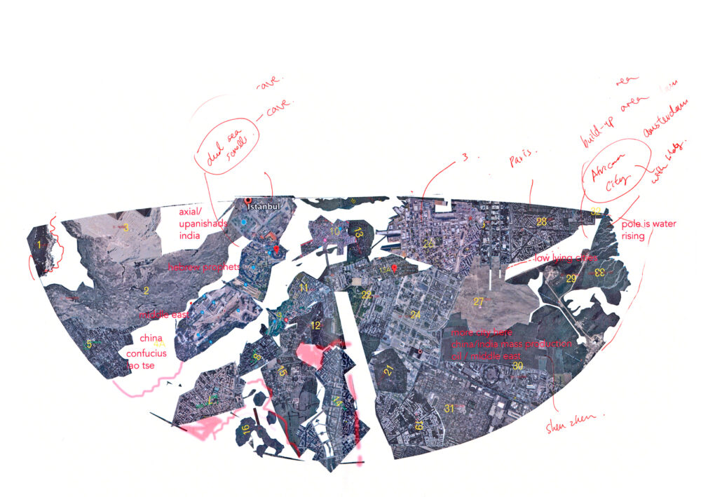 A semicircular collage of numbered maps on a white background, with annotations in red handwritten around.