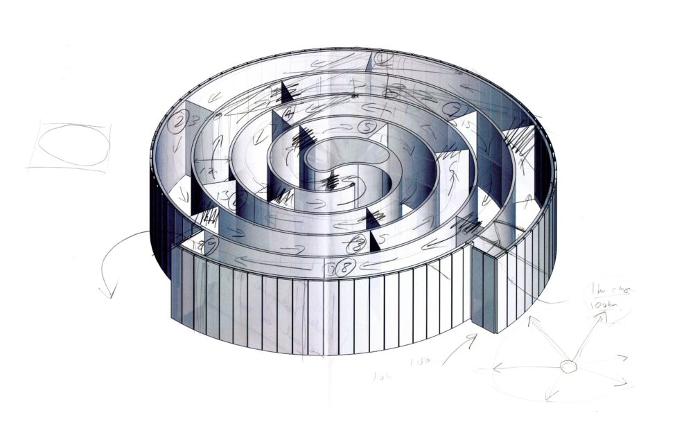 Detailed digital model of a circular structure with spiraling paths and curved walls with handwritten notes throughout.