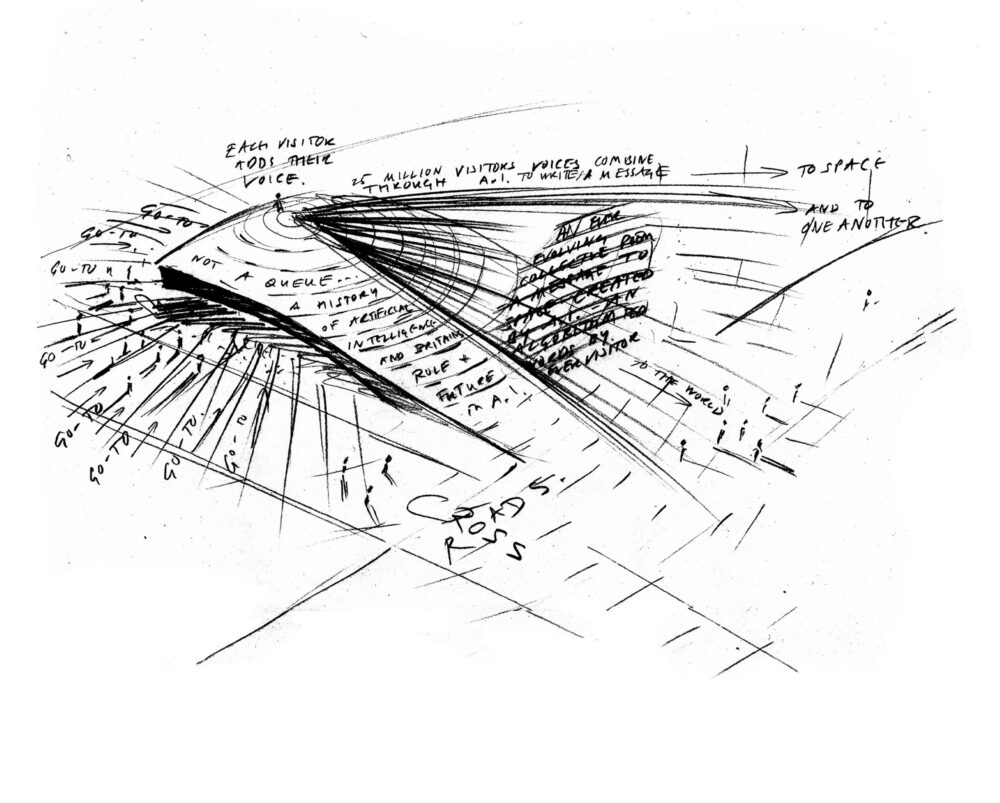 Detailed black-and-white drawing of a complex structure with long horizontal lines and elements. Handwritten text annotates the drawing.