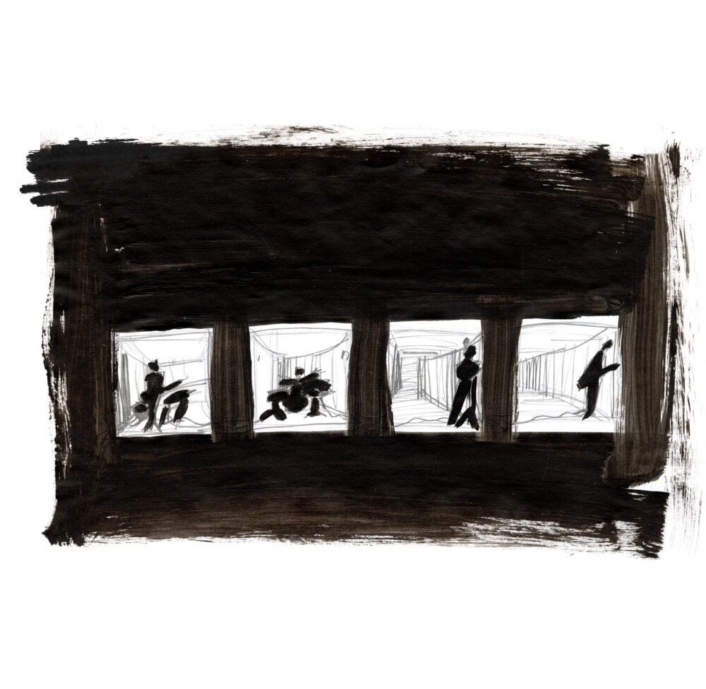 Row of four white squares, each containing a sketchy silhouette of a man playing a musical instrument