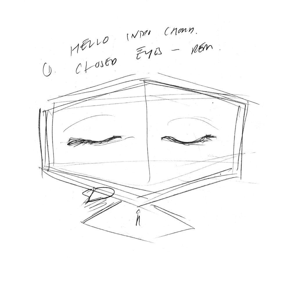 Drawing of a slightly folded rectangular structure with two closed eyes, each on a different side; handwritten text is above the drawing.