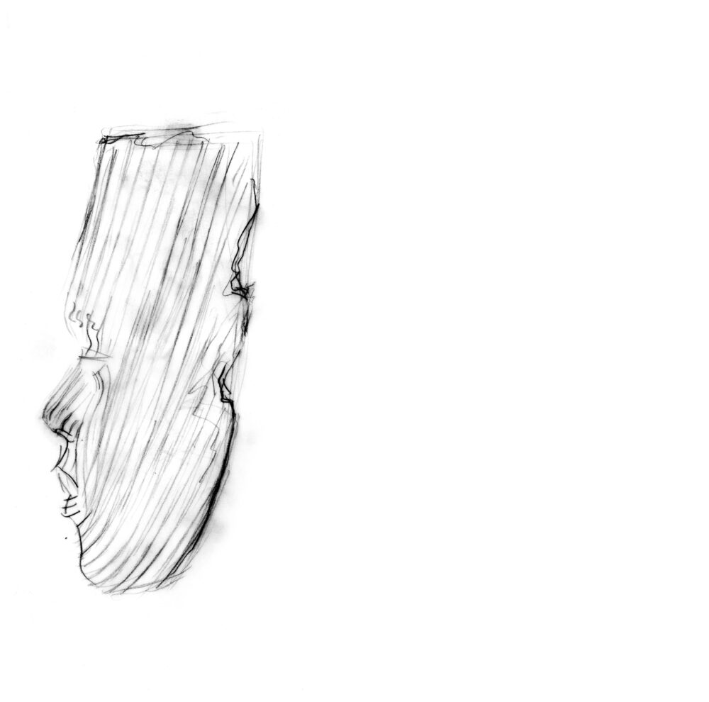 Contour drawing of a face in profile with vertical lines throughout.
