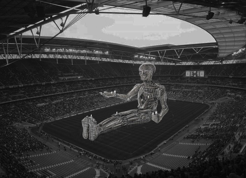 Black-and-white photograph of a crowded stadium with a digital rendition of a lying figure that is partly sitting up superimposed over the center.