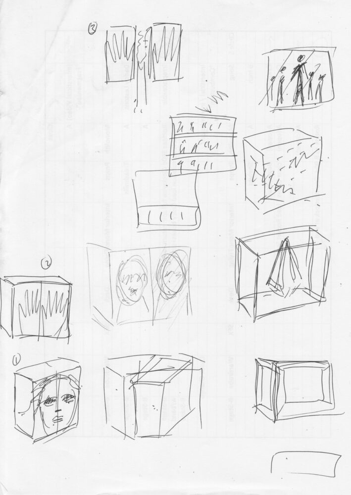 Black-and-white drawings of different rectangular prisms spread throughout the page; some have things inside them and others have images projected on the surfaces.