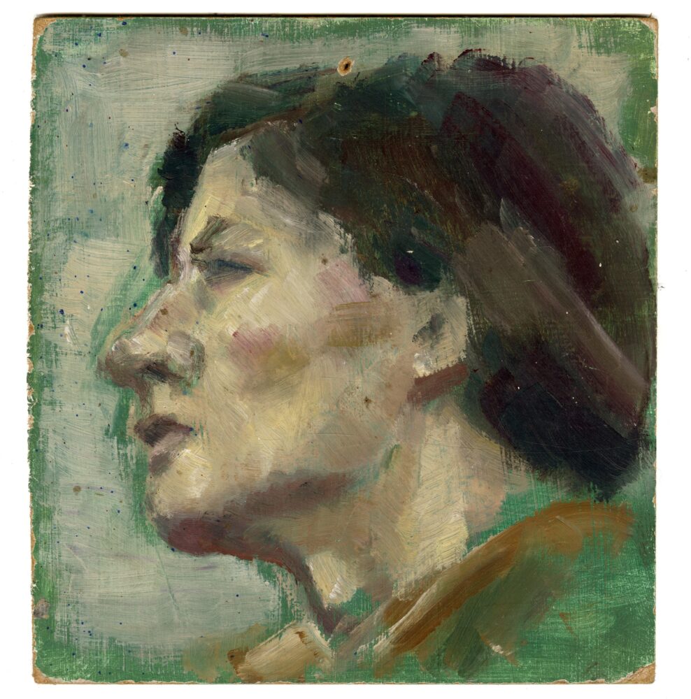 Artwork of a profile face against a green background; the subject has brown hair and is facing left.