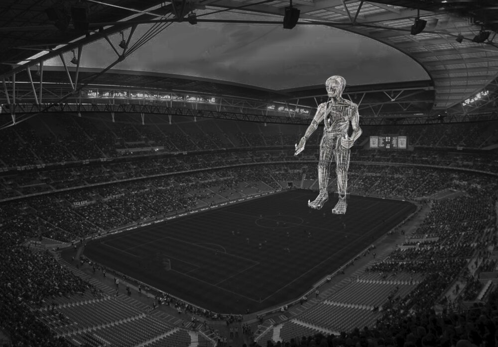 Black-and-white photograph of a crowded stadium with a digital rendition of a standing figure superimposed towards the far right.