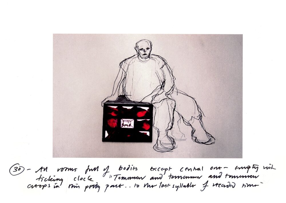 A line drawing of a person dressed in loose clothes sitting on a life-like black cube with white and red marks. Below the photo of the drawing is the number 30 followed by handwritten text.