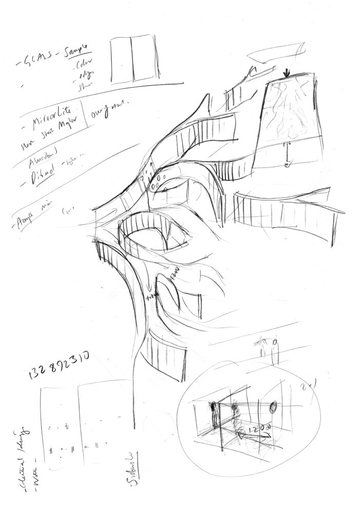 An architectural plan with drawings and text; a 3D drawing of winding and curved forms is the focus.