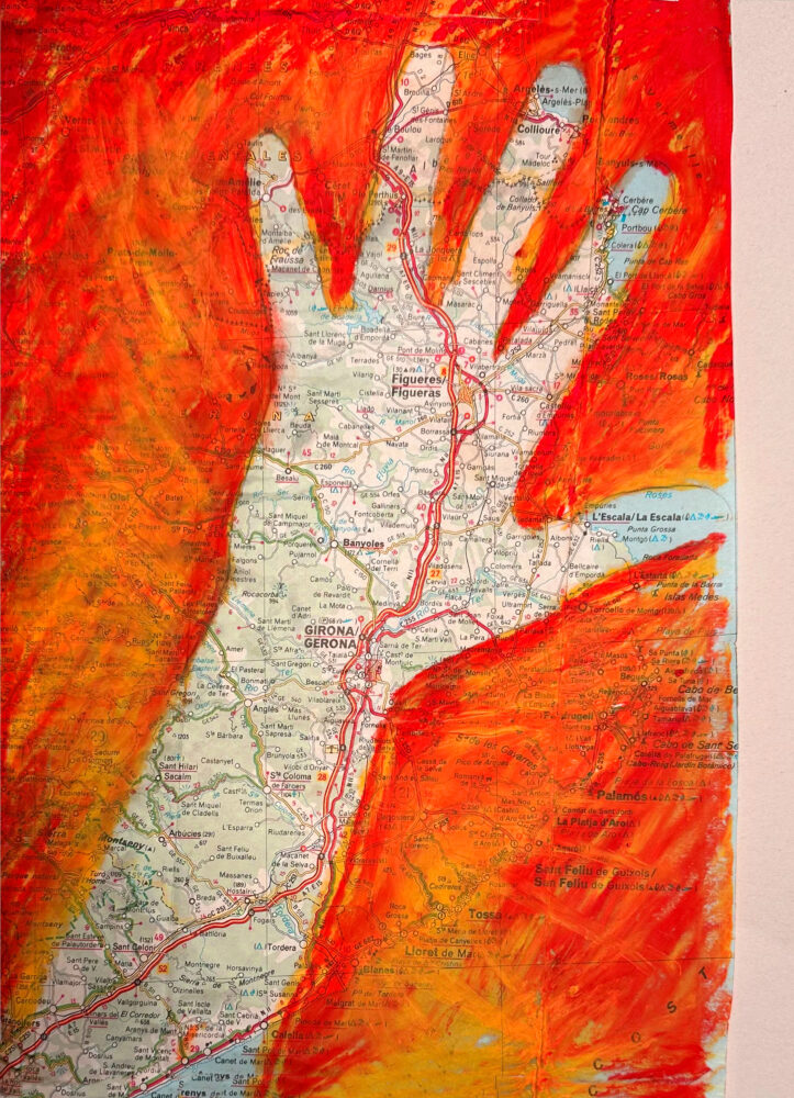 Artwork comprising a map in the background with red, orange, and yellow painted over it; the space left unpainted is in the shape of an extended hand.