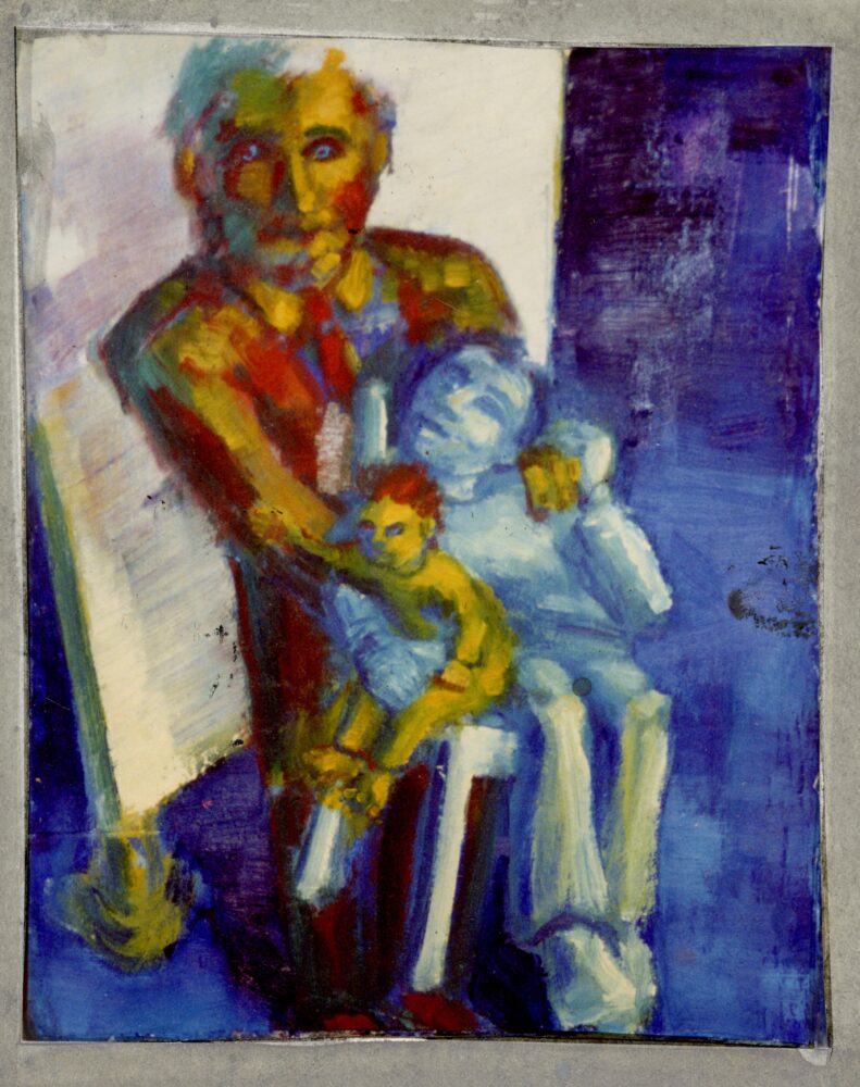 Artwork in color depicting a warm-toned figure holding two smaller figures, one of which is blue. The background is mostly dark blue with a white canvas-like surface drawn behind the main figure.