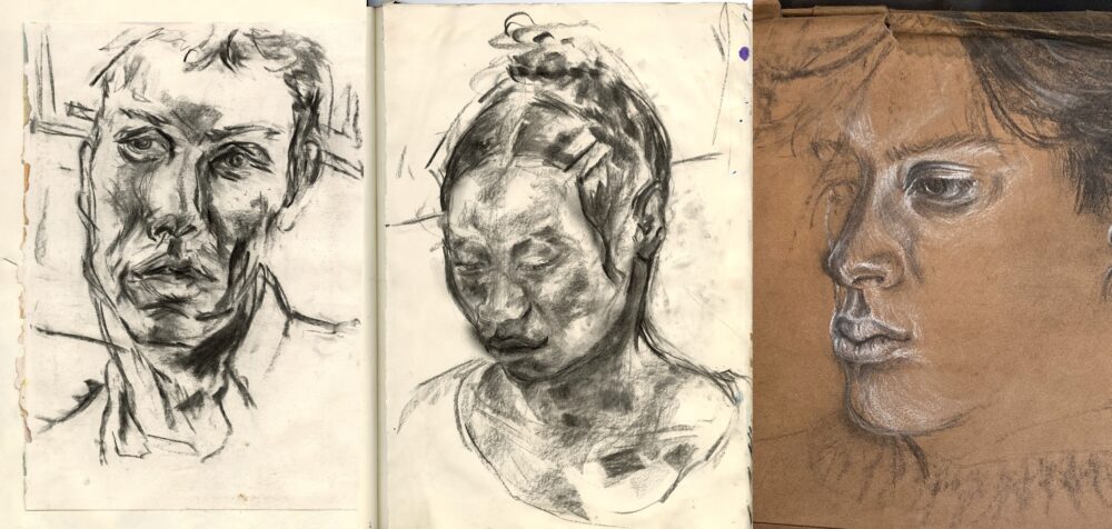 Three equally detailed black-and-white drawings of faces lined up next to each other; the first two are on lighter paper than the third. Each drawing is of a different person; shadows and highlights accentuate their features.