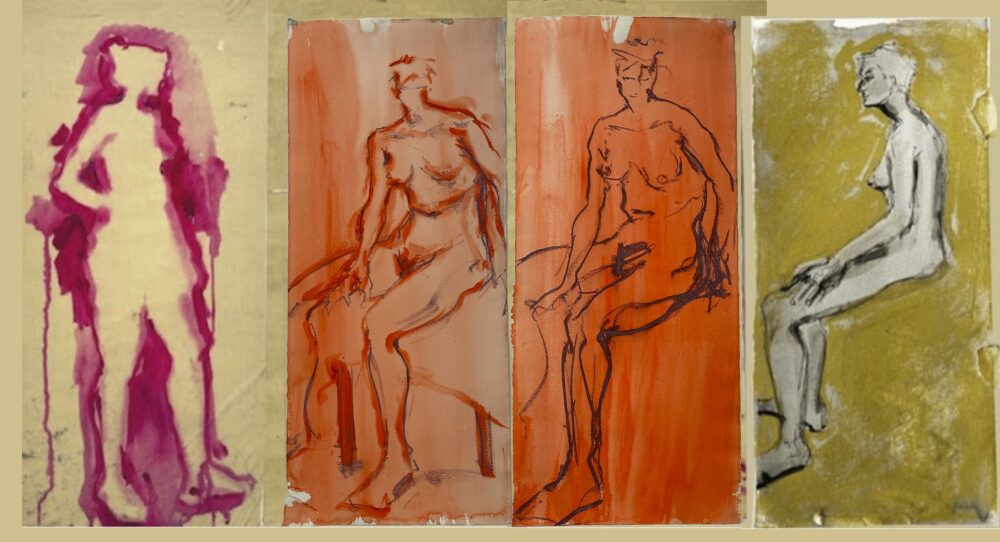 Four vertical artworks lined next to each other that each depict a female body. From left to right, the first is of a standing silhouette outlined by dripping pink, the second is an orange line drawing of a seated figure on an orange background, the third is a black line drawing of a similar figure on an orange background, and the last is a profile view of a figure seated with a green background.