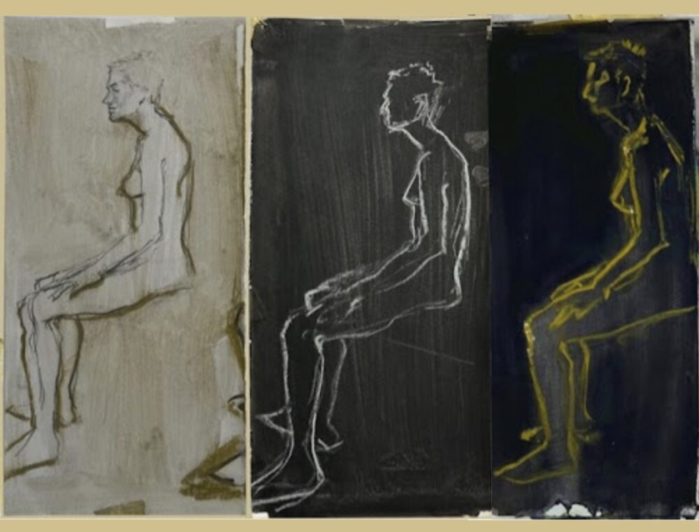 Three vertical artworks lined next to each other depict a female body from the same angle; the figures are facing left. From left to right, the first is a gray line drawing of a seated person with their hands on their lap, the second is a white line drawing on a black background of a similar figure, and the last is a yellow line drawing on a black background of the same figure.
