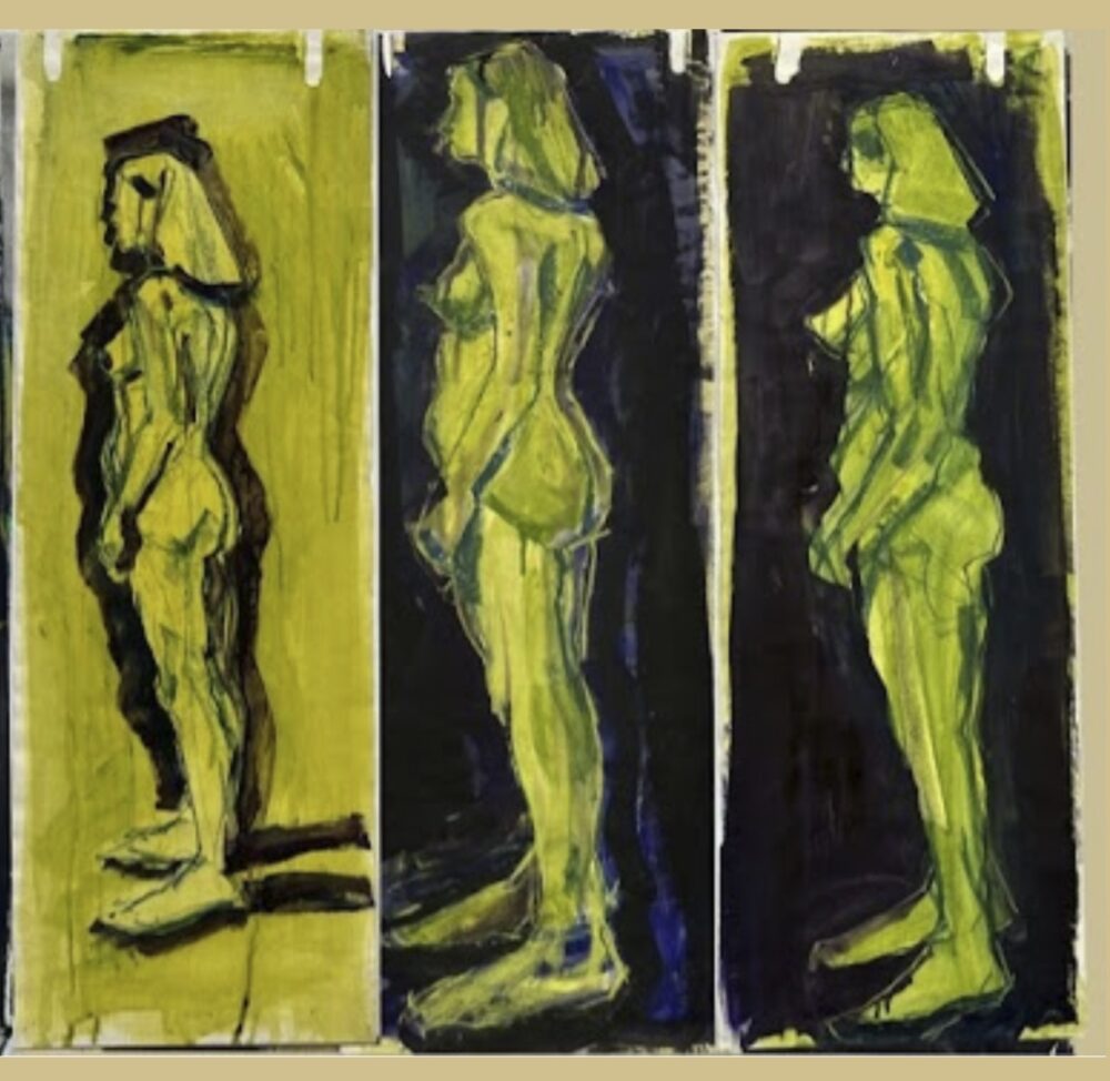Three vertical artworks lined next to each other depict a female body from the same angle; the figure is standing and facing left in all three. All three drawings are in green, however, only the last two have black backgrounds.