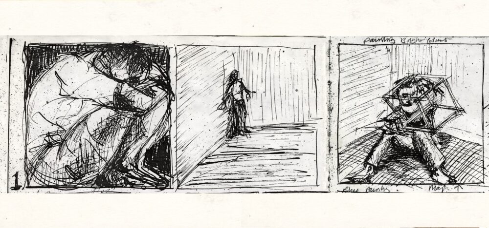 Black-and-white drawing of three squares lined up next to each other showing different scenes. From left to right, the first is of a person in the fetal position, the second is a figure backed into a corner, and the third is a figure holding a cube in front of them.