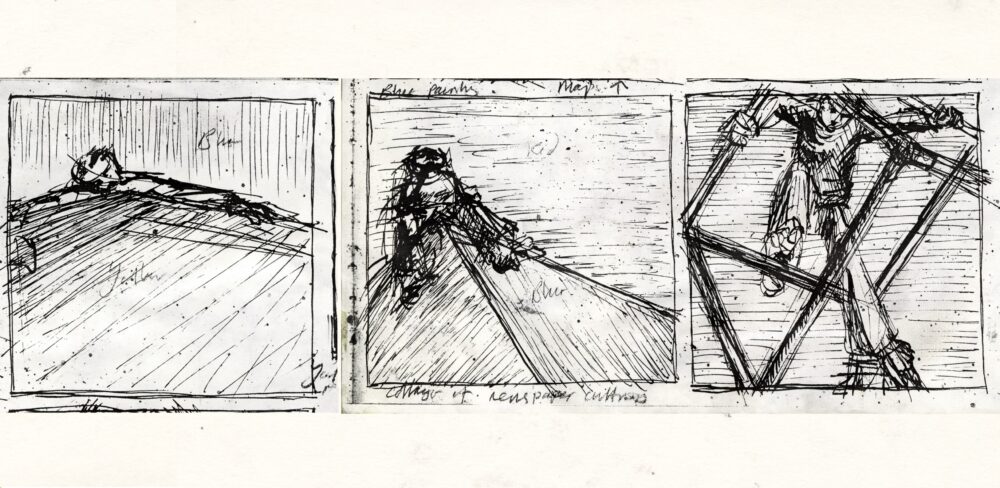 Black-and-white drawing of three squares lined up next to each other showing different scenes. From left to right, the first is of a person hanging onto a ledge, the second is a figure sitting on a corner, and the third is a figure about to stomp on a cube they’re holding.