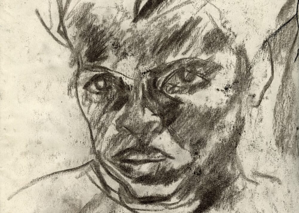 Black-and-white shaded drawing of a face looking straight towards the viewer.