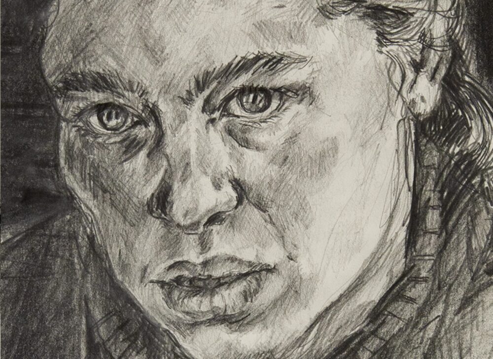 Black-and-white detailed drawing with shading of a face looking straight towards the viewer.