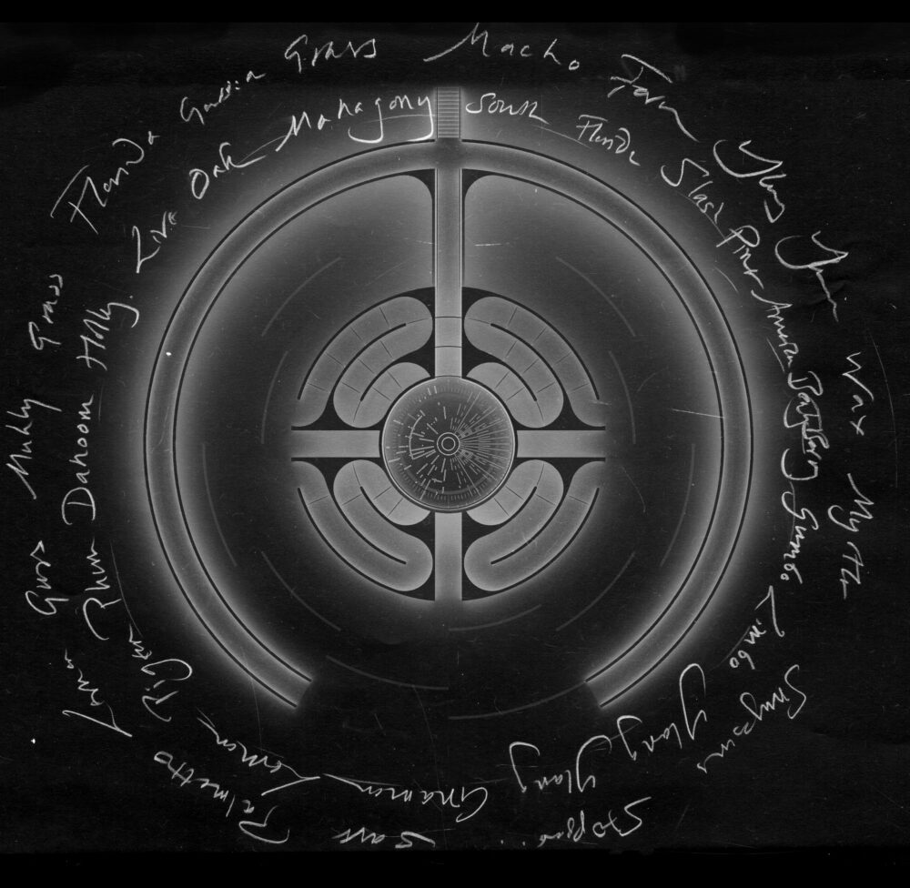 Top-view digital drawing of a circular maze divided into quadrants with glowing light; encircled by handwritten text in white on a black background.