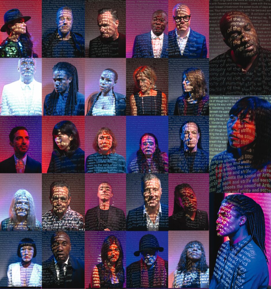 A collage of images of different people from the chest up. Text with blue or pink light is projected on each subject. Three images on the right are larger than the rest.