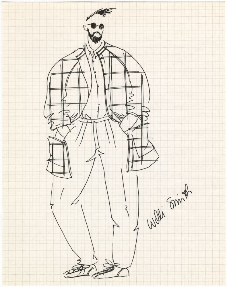 Sketch of a bearded figure wearing sunglasses, a checked-jacket, collared shirt, and slacks